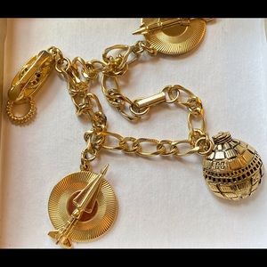 Vintage Gold Tone Space Charm Bracelet Rocket Hot Air Balloon Flight
